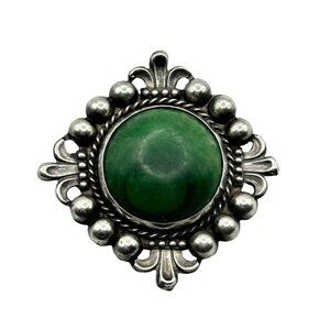Vintage Made In Mexico Sterling Silver Green Stone Brooch Pin Onyx?